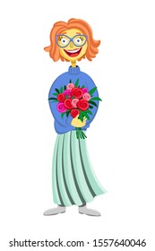 Smiling red-haired white woman in cartoon colorful style with glasses, a blue sweater, a long pleated skirt and with a bouquet of red roses on an isolated white background.