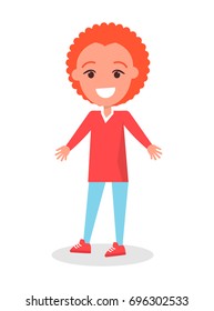 Smiling Redhead boy in red sweater and blue trousers, kindergarten cartoon kid vector illustration isolated on white background