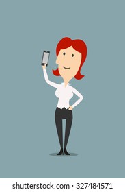 Smiling redhead businesswoman taking selfie portrait with smartphone, for social media or technology theme, cartoon flat style