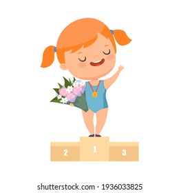 Smiling Redhead Girl Standing on Victory Stand with Hanging Gold Medal on Her Neck and Bunch of Flowers Vector Illustration