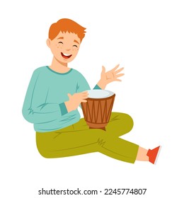 Smiling Redhead Teen Boy Sitting and Playing Drum Performing Vector Illustration