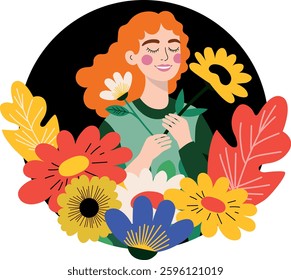 Smiling Redhead Woman with Flowers – Flat Modern Illustration