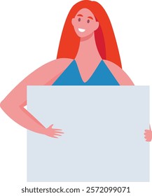 Smiling redhead woman holding blank placard with space for text, showing empty board for advertising, marketing or campaigning, vector illustration