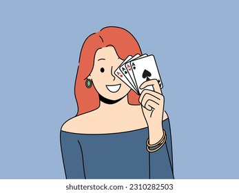 Smiling redhead woman posing with playing cards in hands. Happy female gambler with poker cards. Gambling and risky hobby. Vector illustration. 