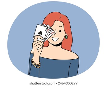 Smiling redhead woman posing with playing cards in hands. Happy female gambler with poker cards. Gambling and risky hobby. Vector illustration.