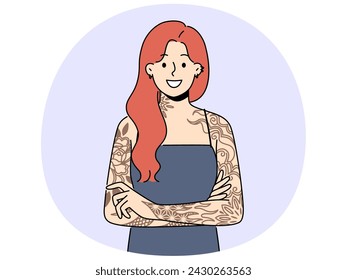 Smiling redhead woman with tattoos on arms. Happy female with tattooed hands express personality. Subculture and self-expression. Vector illustration.