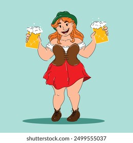 Mujer pelirroja sonriente en ropa tradicional bávara que sostiene tazas de cerveza espumosas contra fondo azul claro. Concepto de Oktoberfest, festival, vacaciones, cervecería. Ilustración vectorial