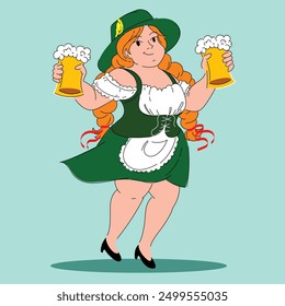 Mujer pelirroja sonriente, camarera con ropa tradicional bávara que sostiene tazas de cerveza espumosas contra fondo azul claro. Concepto de Oktoberfest, festival, vacaciones, cervecería. Ilustración vectorial