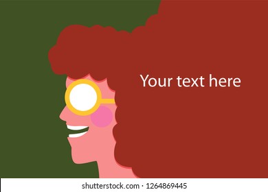 Smiling redheaded girl. There is a place to advertise. Drawn in a modern style. On a green background.
