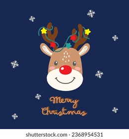 Smiling reindeer with colorful fairy lights on antlers over dark snowy background. Festive and joyful Christmas illustration perfect for kids' holiday prints and cheerful seasonal designs.
