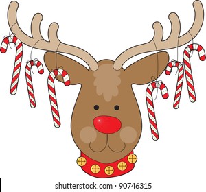 A smiling reindeer with a red nose and a red collar, has candy canes hanging from his antlers.
