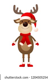 Smiling reindeer wearing hat and scarf. Christmas design element for greeting cards, posters, leaflets and brochures.