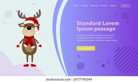 Smiling reindeer wearing hat and scarf. Christmas design element for poster, banner or landing page. Animal, celebration, winter holiday concept