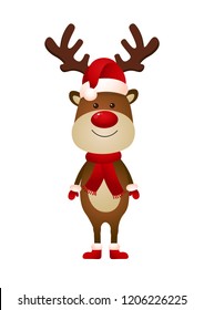 Smiling reindeer wearing Santa hat and scarf vector illustration. Christmas, New Year, character. Holiday concept. Vector illustration can be used for topics like celebration, winter, fantasy