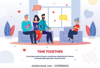 Smiling Relatives Spending Time Together at Home. Happy Grandparents and Young Family with Newborn Child Baby Sitting on Sofa in Living Room and Talking. Flat Poster. Cartoon Vector Illustration