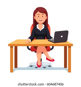 Smiling relaxed business boss woman confidently sitting at her clean office desk with laptop and looking at viewer. Female executive manager or CEO. Flat style vector illustration isolated on white.