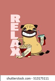 Smiling relaxing cartoon pug with cola, popcorn. Cool pug print design, textile design. Happy pet pug t-shirt, kids wear. Funny pug puppy with soda poster t-shirt design. Pets tee for kids.