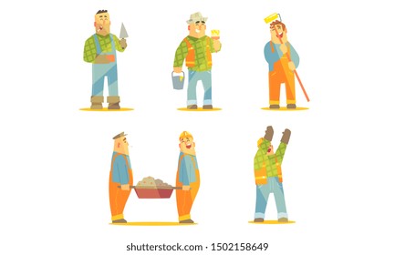 Smiling Repairman Cartoon Characters Set, Cheerful Construction Workers in Uniform and Hardhats with Professional Equipment Vector Illustration