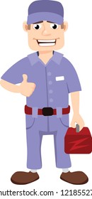 A smiling repairman, holding a toolbox.