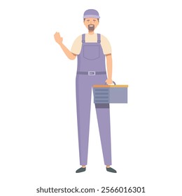 Smiling repairman holding toolbox waving hand wearing overalls and cap