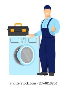 Smiling repairman in uniform stands next to the washing machine and showing thumb up sign. There is a toolbox nearby. Repair of household appliances. Vector Illustration in flat style.