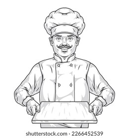 Smiling restaurant chef logotype monochrome with mustachioed man in cafe worker uniform showing empty tray vector illustration