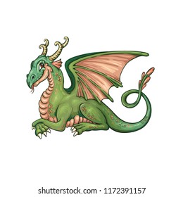Smiling resting dragon in vector. Cute cartoon hero. Fairytale animal. Green colored.