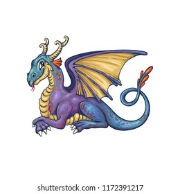 Smiling resting dragon in vector. Cute cartoon hero. Fairytale animal. Blue and purple colored.