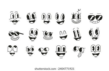 Smiling retro cartoon character faces thin line vector icons set on white background. Happy facial expression graphic constructor elements
