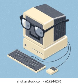 Lächelnder Retro-Computer mit Brille. Geek-Maskottchen. Bildungskonzept. Isometrische Vektorgrafik