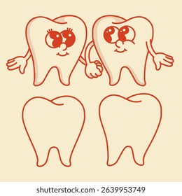 Smiling retro mascot. Couple of teeth holding hands. Dentistry icon, dentist logo. 