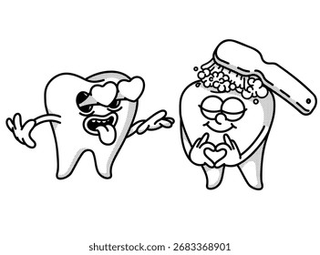 Sonrientes dientes de mascota retro. El cepillo de dientes limpia los dientes con pasta dental. Icono de la odontología, logotipo del dentista. Gesto de amor. Ojos como corazones