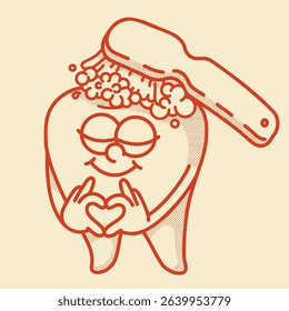 Smiling retro mascot.Toothbrush cleans tooth with toothpaste. Dentistry icon, dentist logo. Love gesture