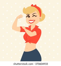 Smiling retro pin-up woman in red shirt, we can do it 
