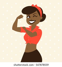 Smiling retro pin-up woman in white shirt, we can do it, afro american woman vector illustration