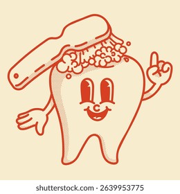 Smiling retro toothbrush cleans tooth with toothpaste mascot. Dentistry icon, dentist logo. Finger up