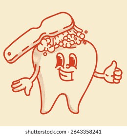 Smiling retro toothbrush cleans tooth with toothpaste mascot. Dentistry icon, dentist logo. Thumbs up