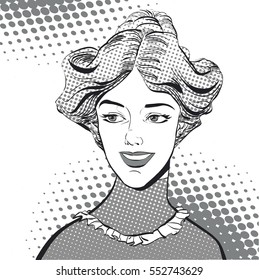 A smiling retro women with high haircut. Pretty blonde women smiling. Cute woman thinking about something. Woman portrait. Feelings. Concept idea of advertisement and promo.  Halftone background
