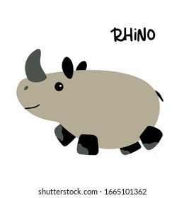 Smiling rhino isolated vector clipart with hand lettering. Cute cartoon rhinoceros khaki beige and black image to print in kids books, notepads or use as baby, toddler boy t-shirt iron on. 