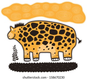 Smiling rhinoceros standing in front of a plant.