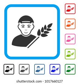 Smiling Rice Farmer vector icon. Person face has glad sentiment. Black, gray, green, blue, red, orange color versions of rice farmer symbol inside a rounded rectangular frame.