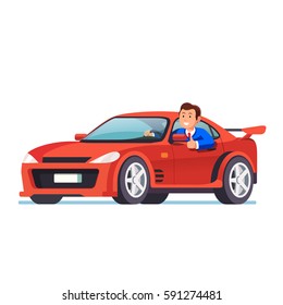 Smiling Rich Business Man Driving His Car, Looking Out The Side Window And Showing Thumb Up Gesture. Expensive Ride. Successful Test Drive. Flat Style Vector Illustration Isolated On White Background.