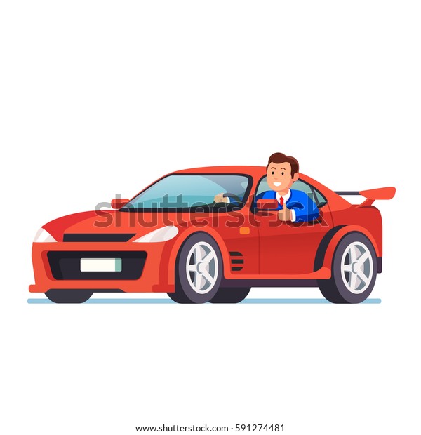 Smiling rich business man driving his car,\
looking out the side window and showing thumb up gesture. Expensive\
ride. Successful test drive. Flat style vector illustration\
isolated on white\
background.
