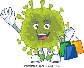 Smiling rich coronavirus spread mascot design with Shopping bag 