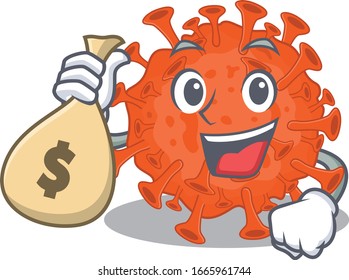 Smiling rich electron microscope coronavirus cartoon character bring money bags