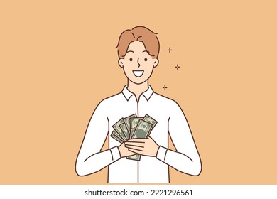 Un hombre rico sonriente sostiene una pila de billetes en dólares y obtiene un porcentaje de la inversión. Feliz hombre con dinero celebrando el ascenso o aumento de sueldo. Ilustración vectorial. 