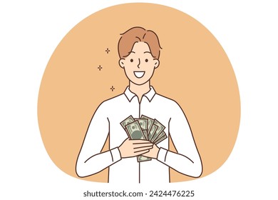 Smiling rich man stand holding pile of dollar banknotes get percentage from investment. Happy male with money celebrate promotion or salary rise. Vector illustration.