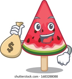 Smiling rich watermelon ice cream cartoon character bring money bags 
