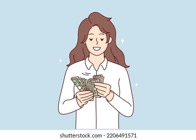 Smiling rich woman holding dollar bills in hands excited with win or promotion. Happy female count money joyful with income or revenue. Vector illustration. 