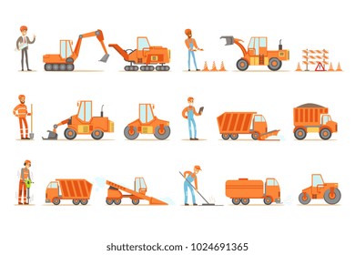 Smiling Road Construction And Repair Workers In Uniform And Heavy Trucks At Construction Site Set Of Cartoon Illustrations